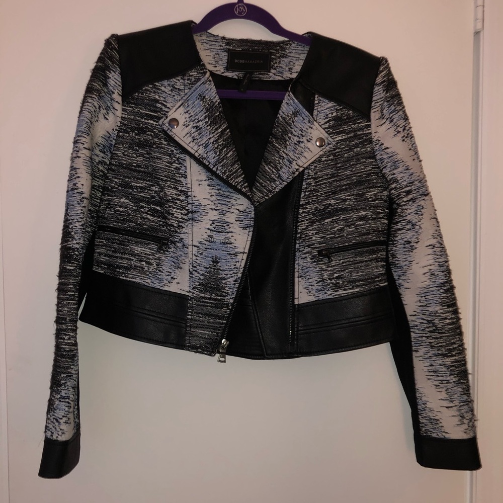 Leather trim blazer in white, black, and navy